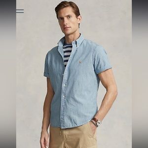 🦖POLO RALPH LAUREN MEN’S SHORT SLEEVE CLASSIC FIT CHAMBRAY BLUE SHIRT SIZE-M